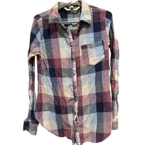 BKE Button Up Shirt Womens Size Small Pink Blue Beige Plaid 100% Cotton Gauzy